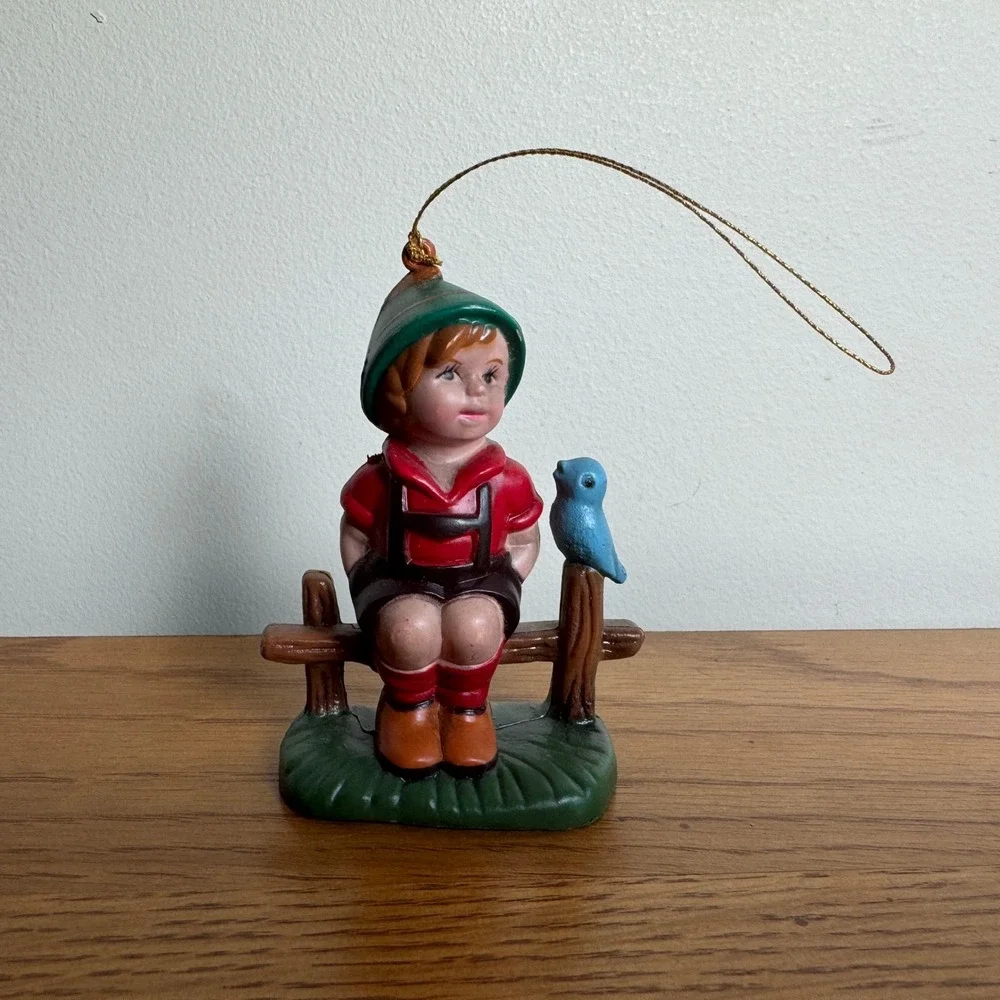 Vintage Plastic Ornament Folk Style Boy Bird Sitting Fence 1970s Figurine‎